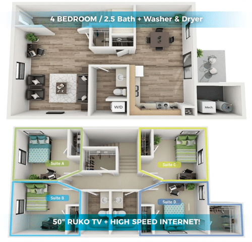 A 3D image of the 4BR/2.5BA – Townhome floorplan, a 960 squarefoot, 4 bed / 2.5 bath unit