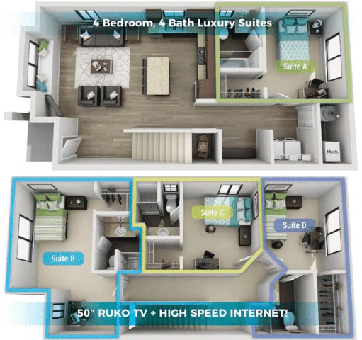 A 3D image of the 4BR/4BA – Cottage floorplan, a 1632 squarefoot, 4 bed / 4 bath unit